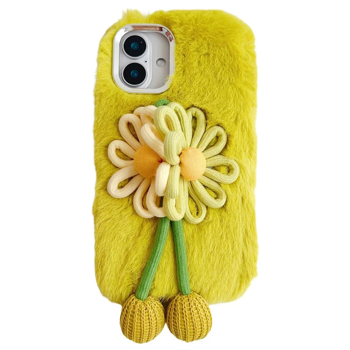 For iPhone 16 Plus Case Two Flowers Decor Outer Fluffy Plush Inner TPU Phone Cover - Green - 1