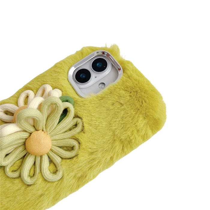 For iPhone 16 Plus Case Two Flowers Decor Outer Fluffy Plush Inner TPU Phone Cover - Green - 4