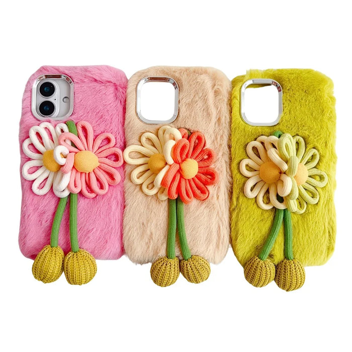 For iPhone 16 Plus Case Two Flowers Decor Outer Fluffy Plush Inner TPU Phone Cover - Green - 5