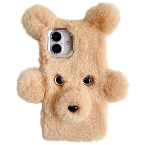 For iPhone 16 Plus Case 3D Bear Faux Fur Fluffy Inner TPU Phone Cover - Beige - 1