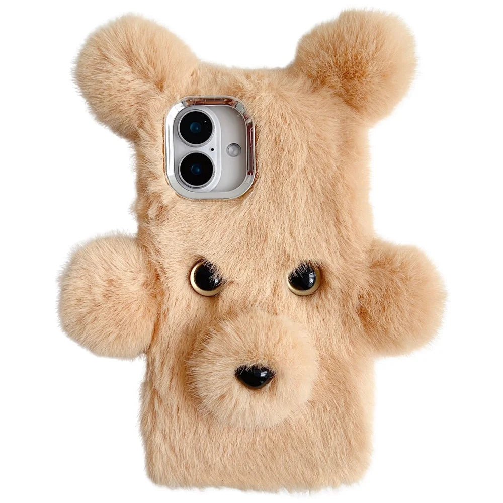 For iPhone 16 Plus Case 3D Bear Faux Fur Fluffy Inner TPU Phone Cover - Beige - 1