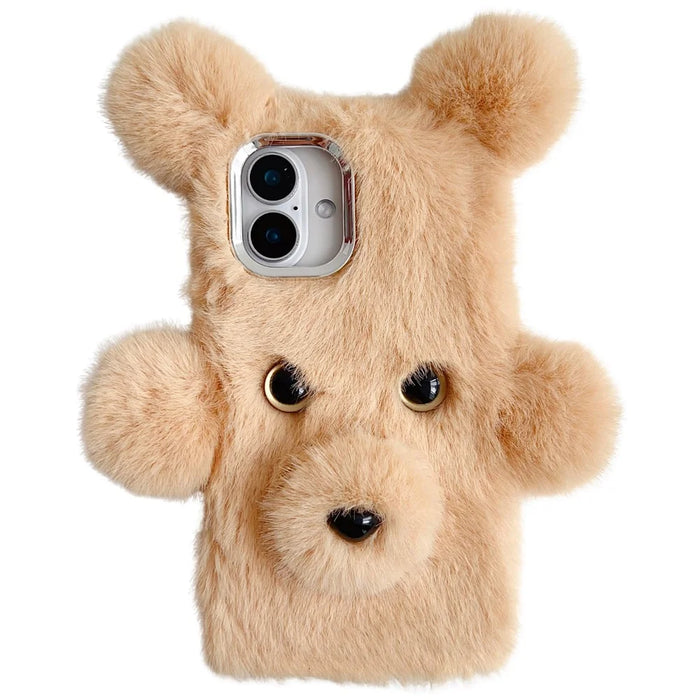 For iPhone 16 Plus Case 3D Bear Faux Fur Fluffy Inner TPU Phone Cover - Beige - 1