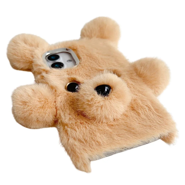 For iPhone 16 Plus Case 3D Bear Faux Fur Fluffy Inner TPU Phone Cover - Beige - 2