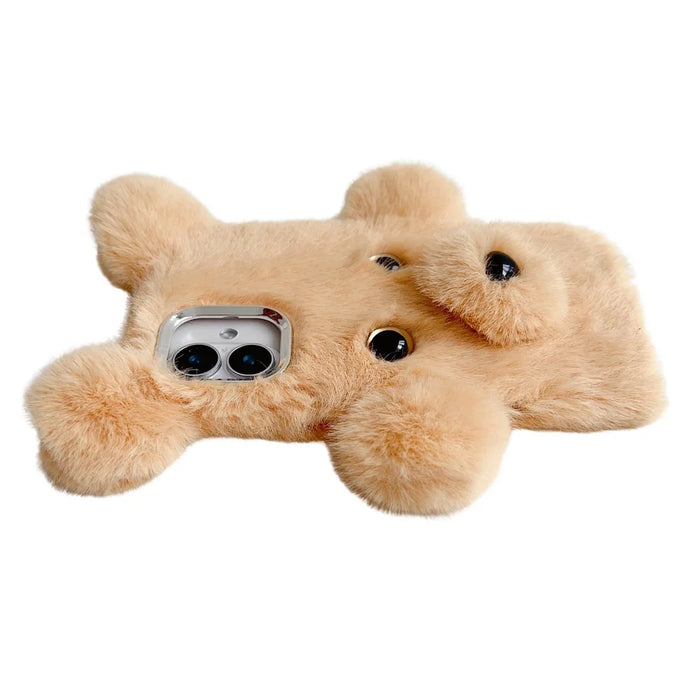 For iPhone 16 Plus Case 3D Bear Faux Fur Fluffy Inner TPU Phone Cover - Beige - 3