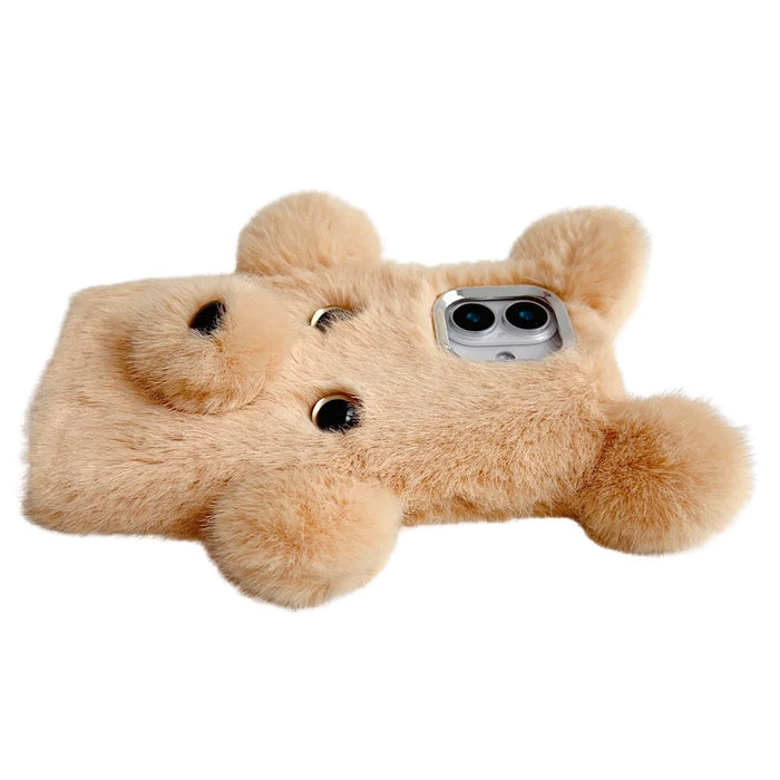 For iPhone 16 Plus Case 3D Bear Faux Fur Fluffy Inner TPU Phone Cover - Beige - 4