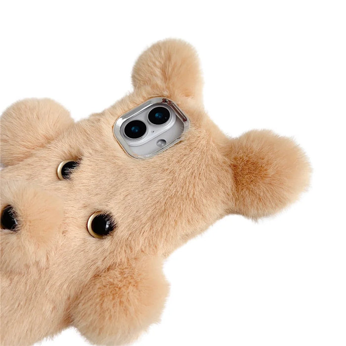 For iPhone 16 Plus Case 3D Bear Faux Fur Fluffy Inner TPU Phone Cover - Beige - 5