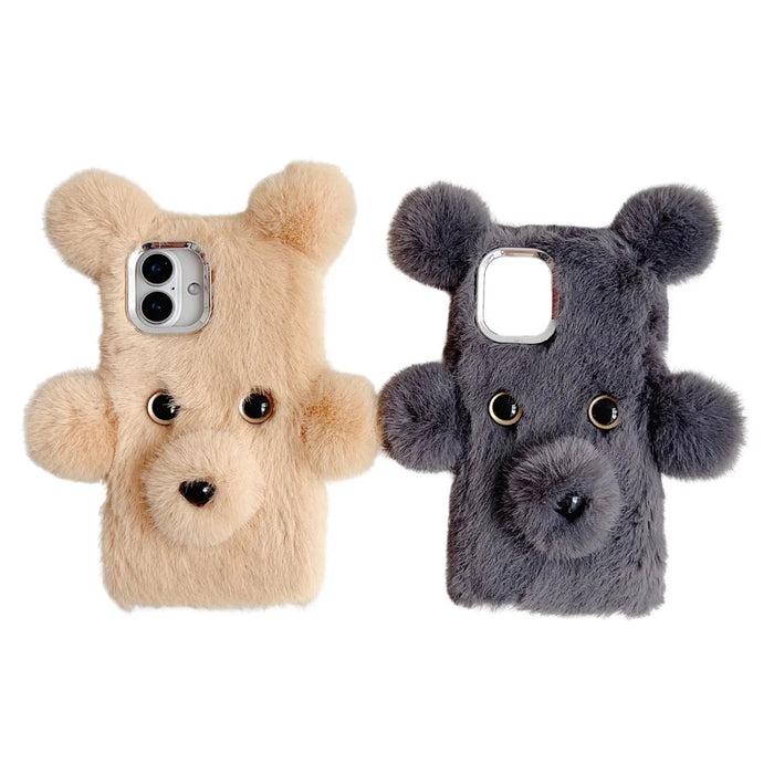 For iPhone 16 Plus Case 3D Bear Faux Fur Fluffy Inner TPU Phone Cover - Beige - 7