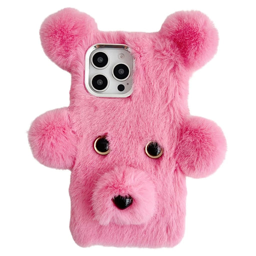 For iPhone 16 Pro Max Case 3D Bear Faux Fur Fluffy Inner TPU Phone Cover - Pink - 1