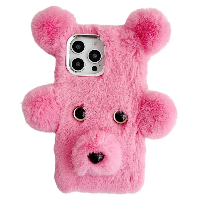 For iPhone 16 Pro Max Case 3D Bear Faux Fur Fluffy Inner TPU Phone Cover - Pink - 1
