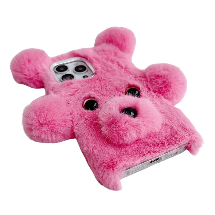 For iPhone 16 Pro Max Case 3D Bear Faux Fur Fluffy Inner TPU Phone Cover - Pink - 2