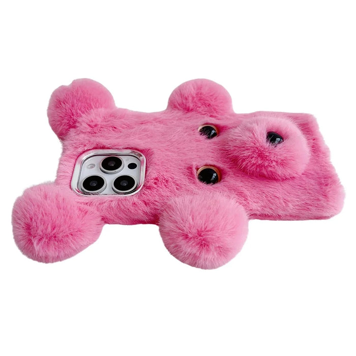 For iPhone 16 Pro Max Case 3D Bear Faux Fur Fluffy Inner TPU Phone Cover - Pink - 3