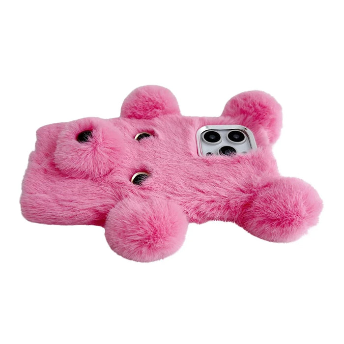For iPhone 16 Pro Max Case 3D Bear Faux Fur Fluffy Inner TPU Phone Cover - Pink - 4