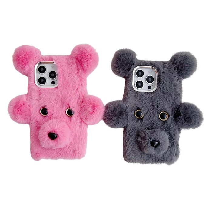 For iPhone 16 Pro Max Case 3D Bear Faux Fur Fluffy Inner TPU Phone Cover - Pink - 6
