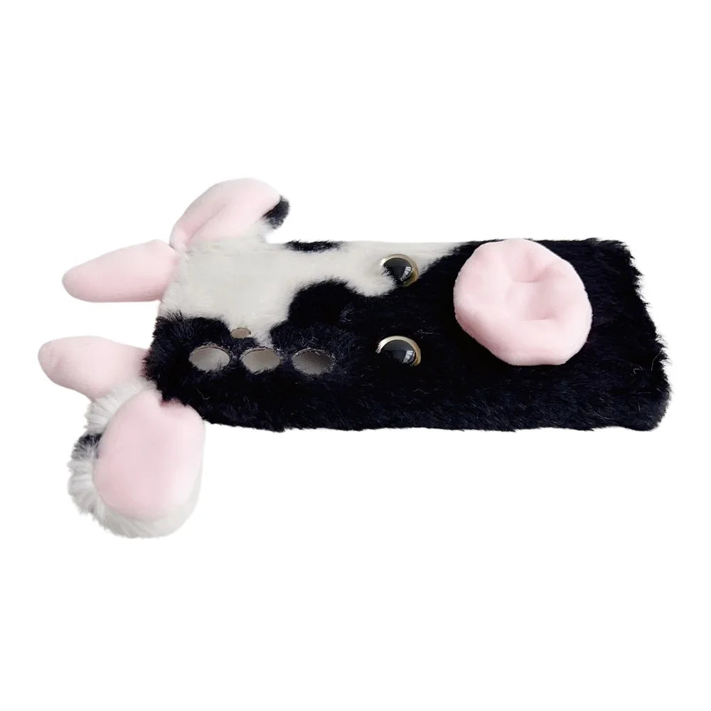 For Samsung Galaxy S25+ Case Fluffy Cute Cow Winter Plush Inner TPU Phone Cover - Black - 4