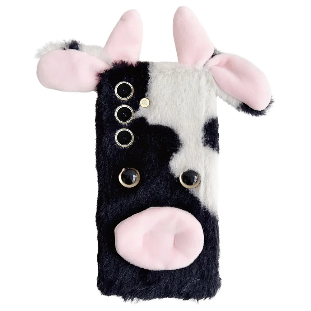 For Samsung Galaxy S25 Case Fluffy Cute Cow Winter Plush Inner TPU Phone Cover - Black - 1