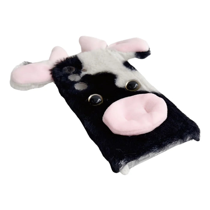 For Samsung Galaxy S25 Case Fluffy Cute Cow Winter Plush Inner TPU Phone Cover - Black - 2