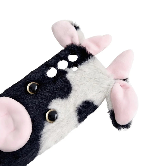 For Samsung Galaxy S25 Case Fluffy Cute Cow Winter Plush Inner TPU Phone Cover - Black - 5