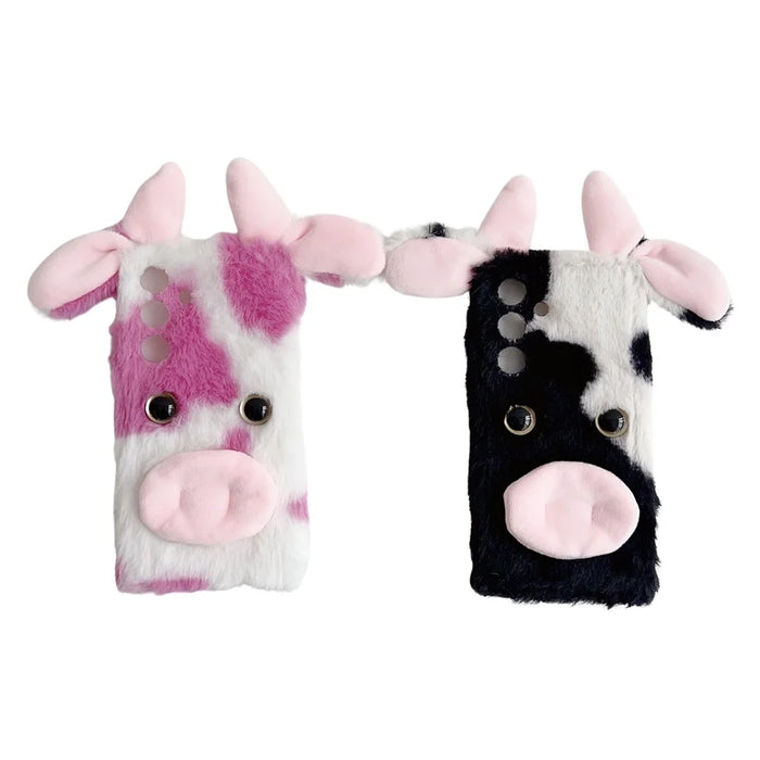 For Samsung Galaxy S25 Case Fluffy Cute Cow Winter Plush Inner TPU Phone Cover - Black - 6