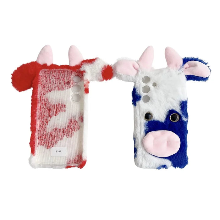 For Samsung Galaxy S25 Case Fluffy Cute Cow Winter Plush Inner TPU Phone Cover - Black - 7