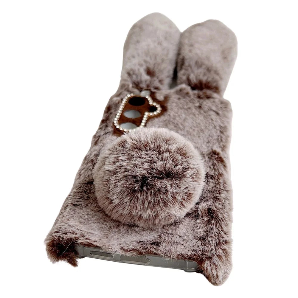 For Samsung Galaxy S25 Case Plush Cute Bunny Winter Fluffy TPU Phone Cover - Brown - 2