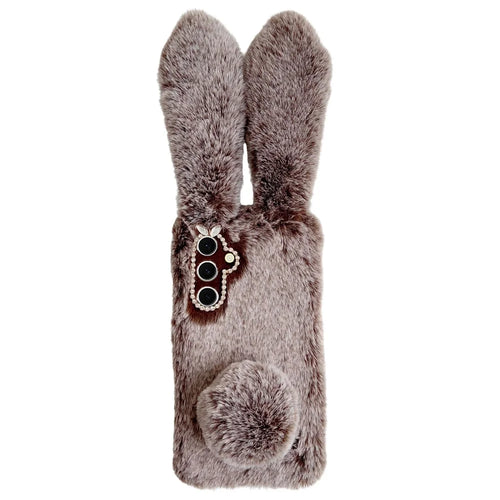 For Samsung Galaxy S25+ Case Plush Cute Bunny Winter Fluffy TPU Phone Cover - Brown - 1