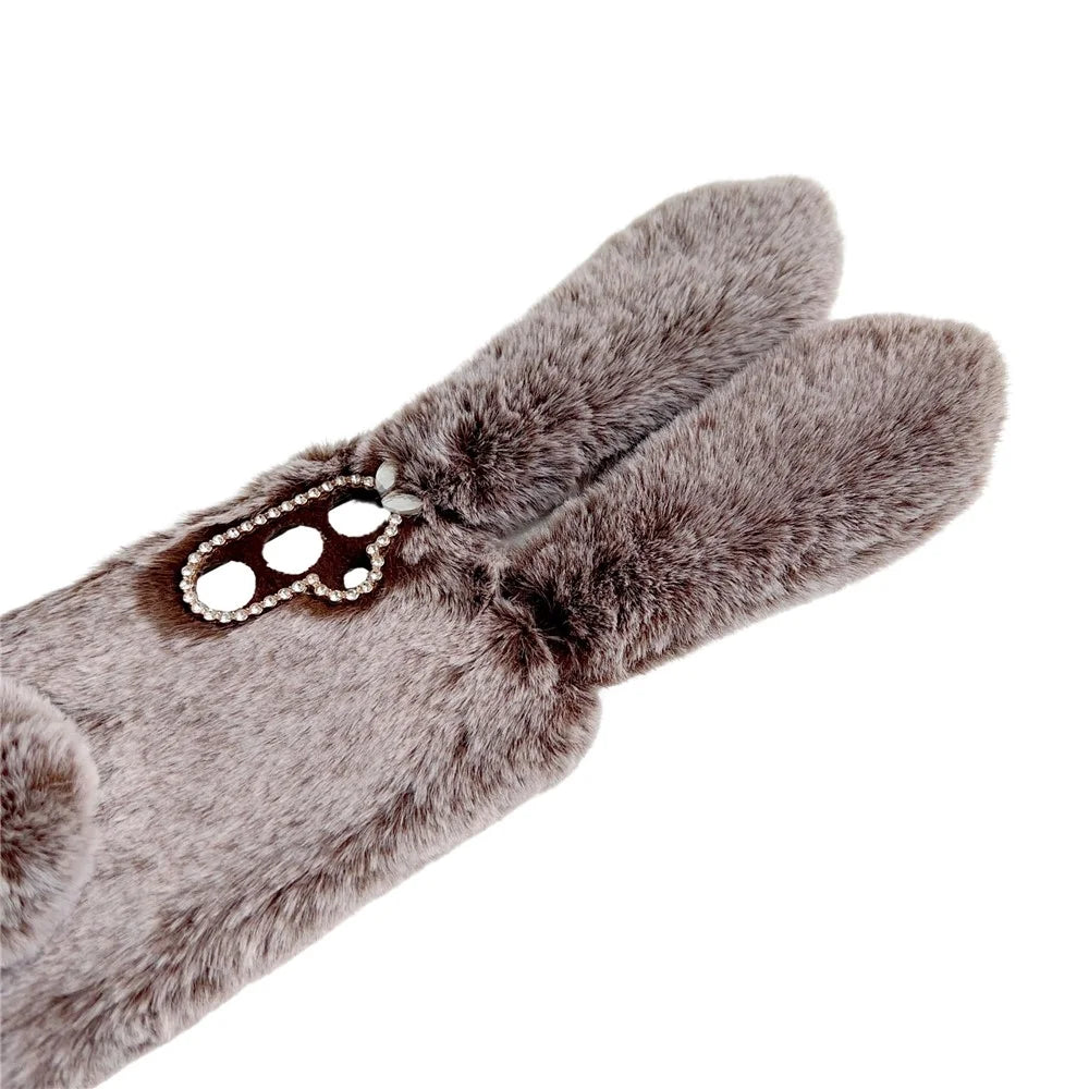 For Samsung Galaxy S25+ Case Plush Cute Bunny Winter Fluffy TPU Phone Cover - Brown - 4