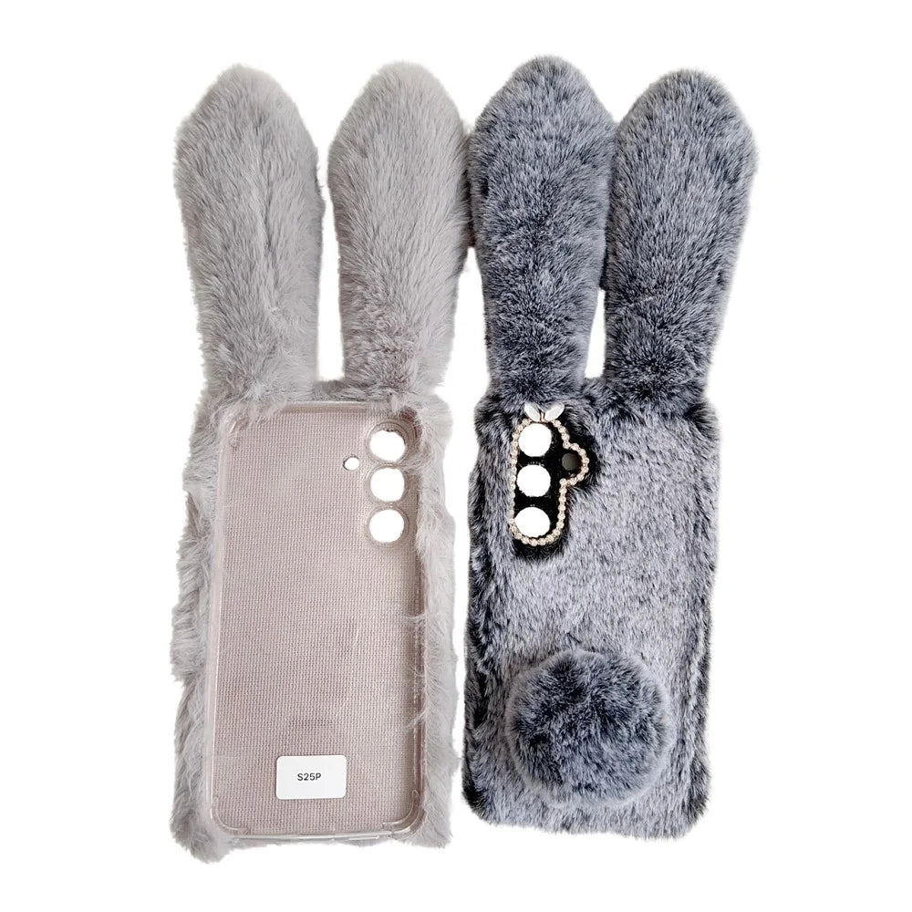 For Samsung Galaxy S25+ Case Plush Cute Bunny Winter Fluffy TPU Phone Cover - Brown - 7