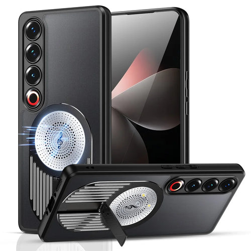 For Meizu 21 Pro Magnetic Case Heat Dissipation Aromatherapy Kickstand Silicone+PC Phone Cover - Black - 1