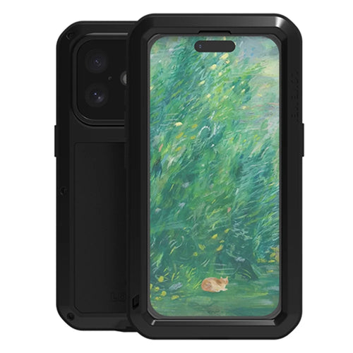 LOVE MEI For iPhone 16 Case with Tempered Glass Film Metal+Silicone Phone Cover - Black - 1