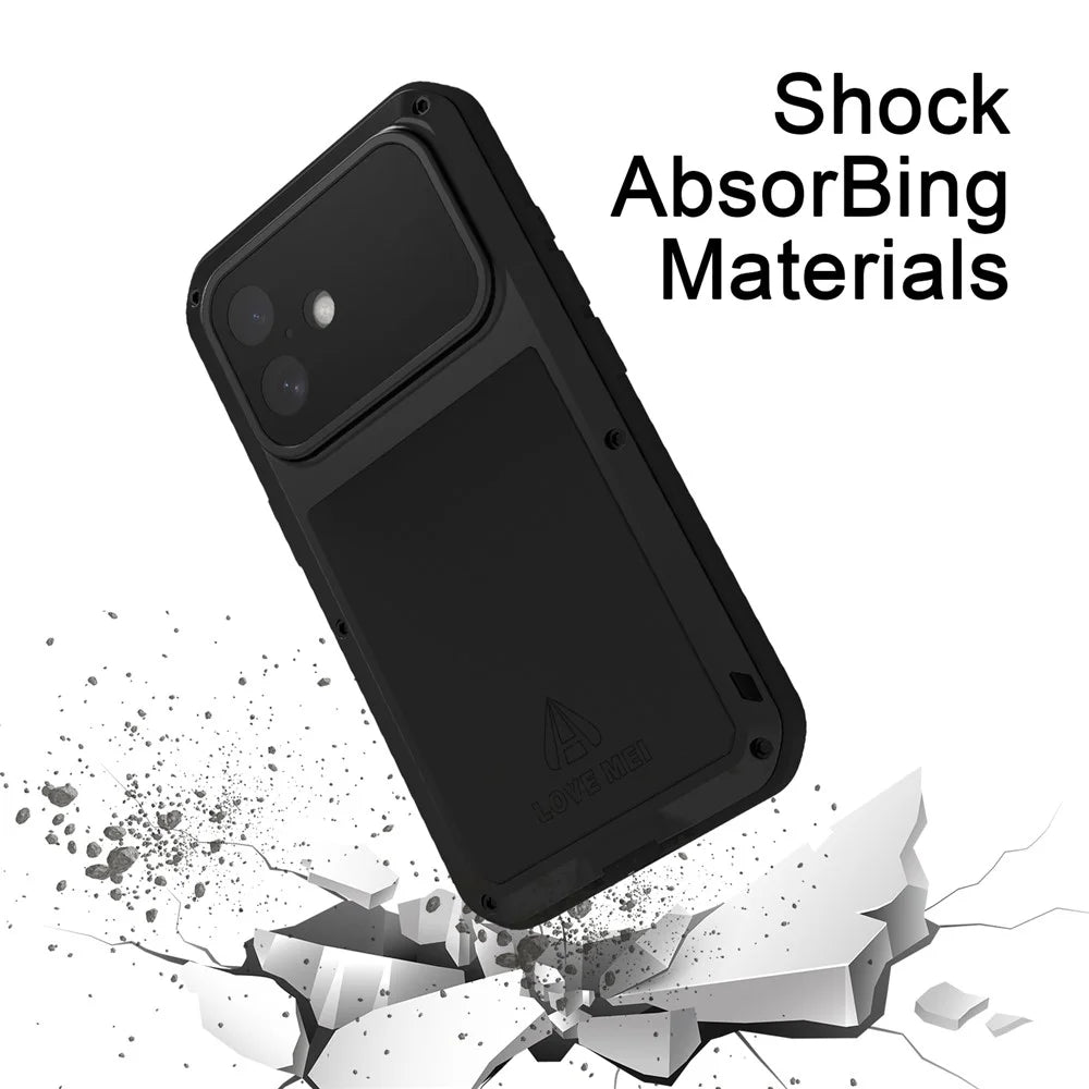 LOVE MEI For iPhone 16 Case with Tempered Glass Film Metal+Silicone Phone Cover - Black - 2