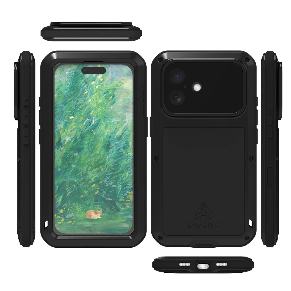 LOVE MEI For iPhone 16 Case with Tempered Glass Film Metal+Silicone Phone Cover - Black - 6