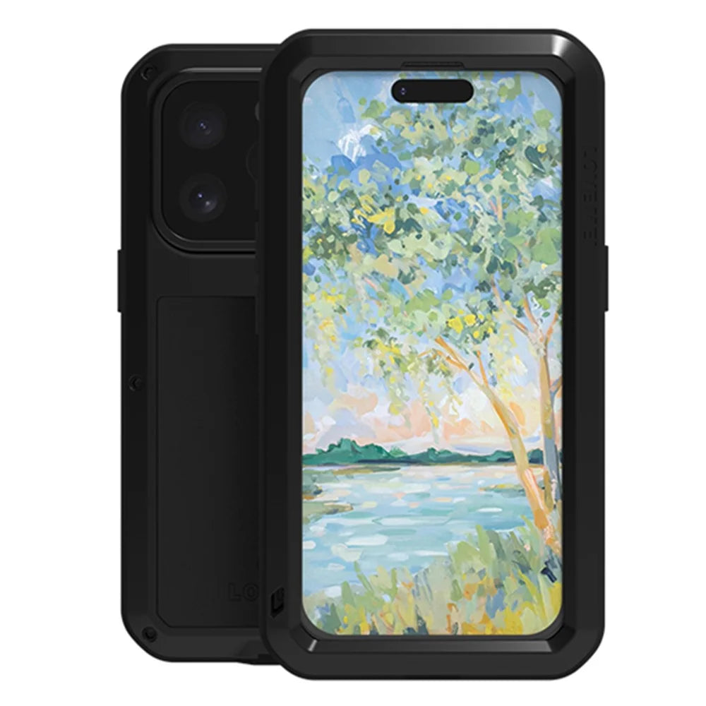 LOVE MEI For iPhone 16 Pro Max Case with Tempered Glass Film Metal+Silicone Phone Cover - Black - 1