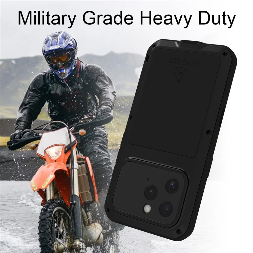LOVE MEI For iPhone 16 Pro Max Case with Tempered Glass Film Metal+Silicone Phone Cover - Black - 3