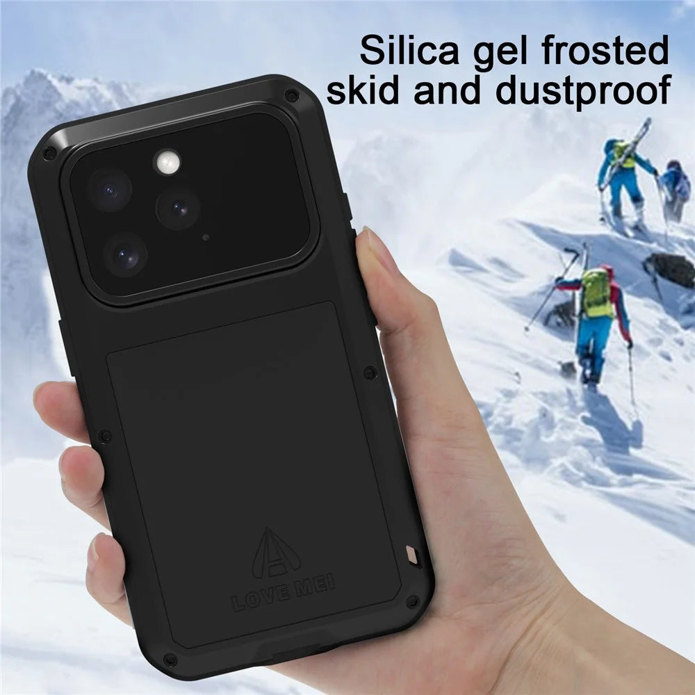 LOVE MEI For iPhone 16 Pro Max Case with Tempered Glass Film Metal+Silicone Phone Cover - Black - 4