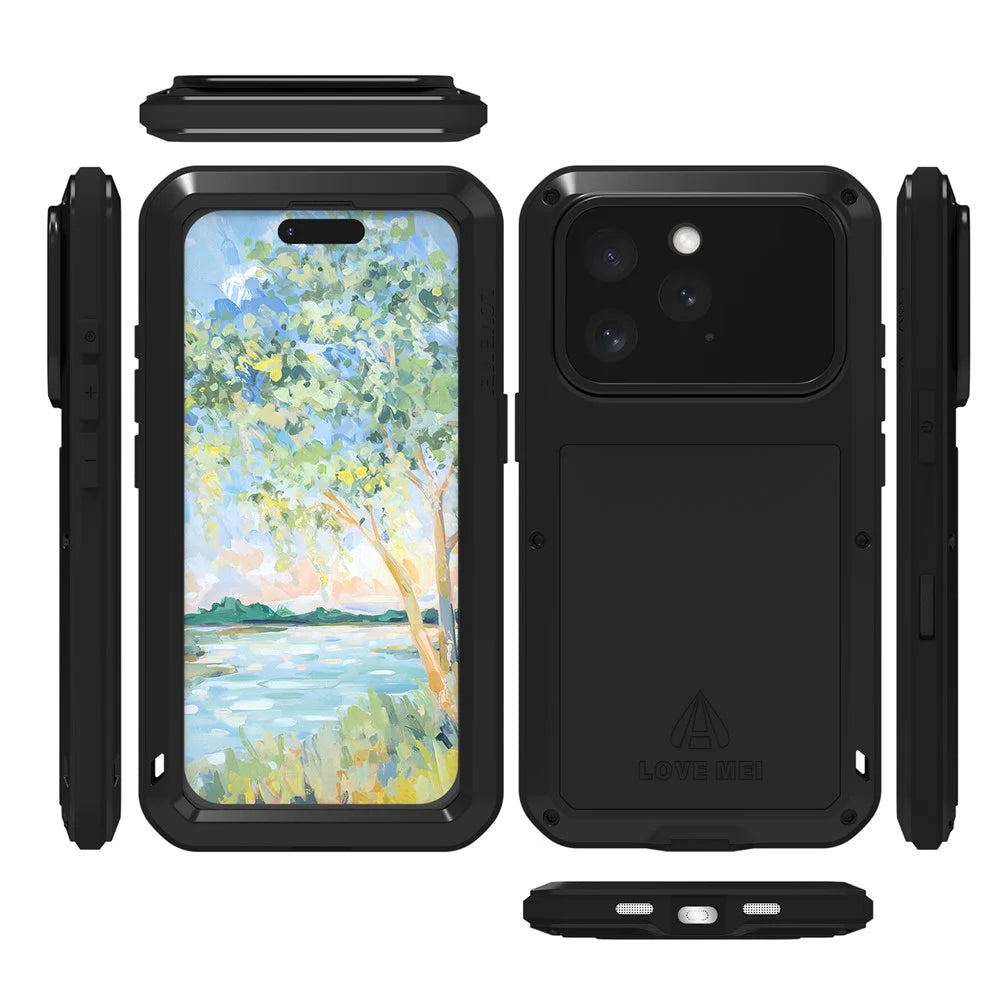 LOVE MEI For iPhone 16 Pro Max Case with Tempered Glass Film Metal+Silicone Phone Cover - Black - 6