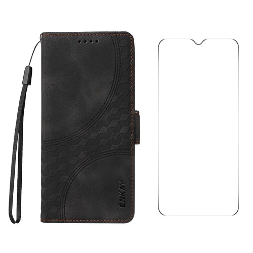 ENKAY For Samsung Galaxy A06 4G Wallet Case  Imprint PU Leather Phone Stand Cover with Tempered Glass - Black - 1