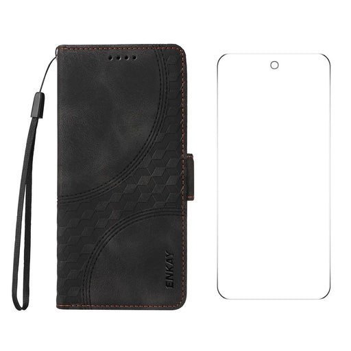 ENKAY For Google Pixel 9 Pro Wallet Case  Imprint PU Leather Phone Stand Cover with Tempered Glass - Black - 1