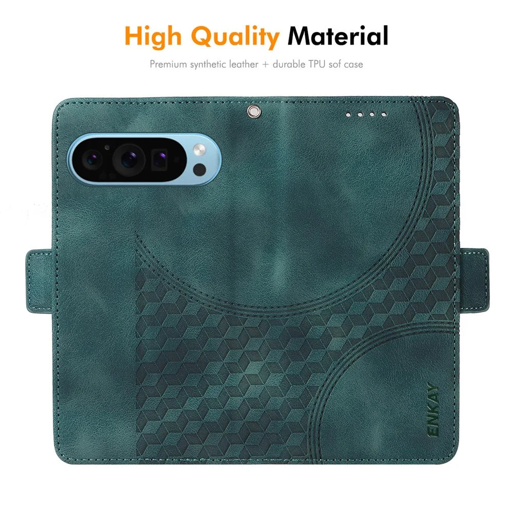ENKAY For Google Pixel 9 Pro Wallet Case  Imprint PU Leather Phone Stand Cover with Tempered Glass - Black - 4