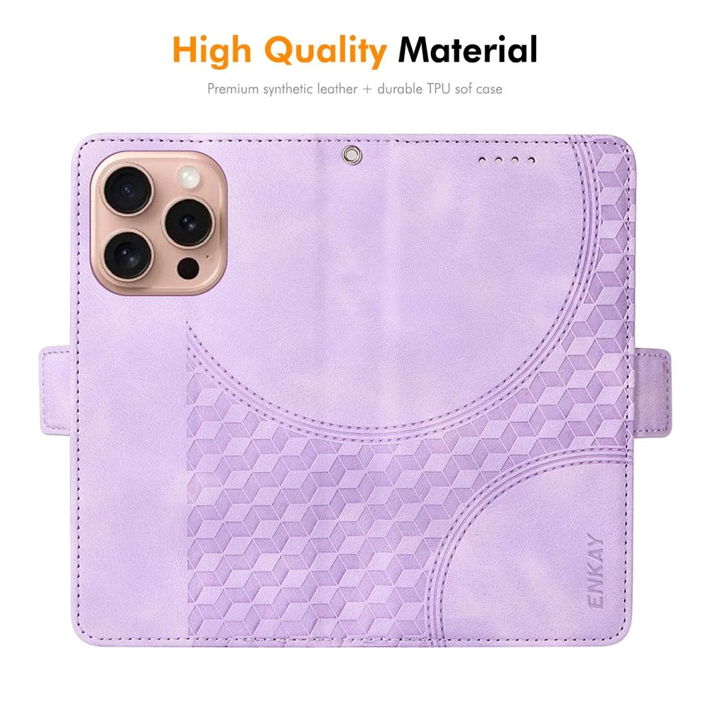 ENKAY For iPhone 16 Pro Wallet Case  Imprint PU Leather Phone Stand Cover with Tempered Glass - Black - 4