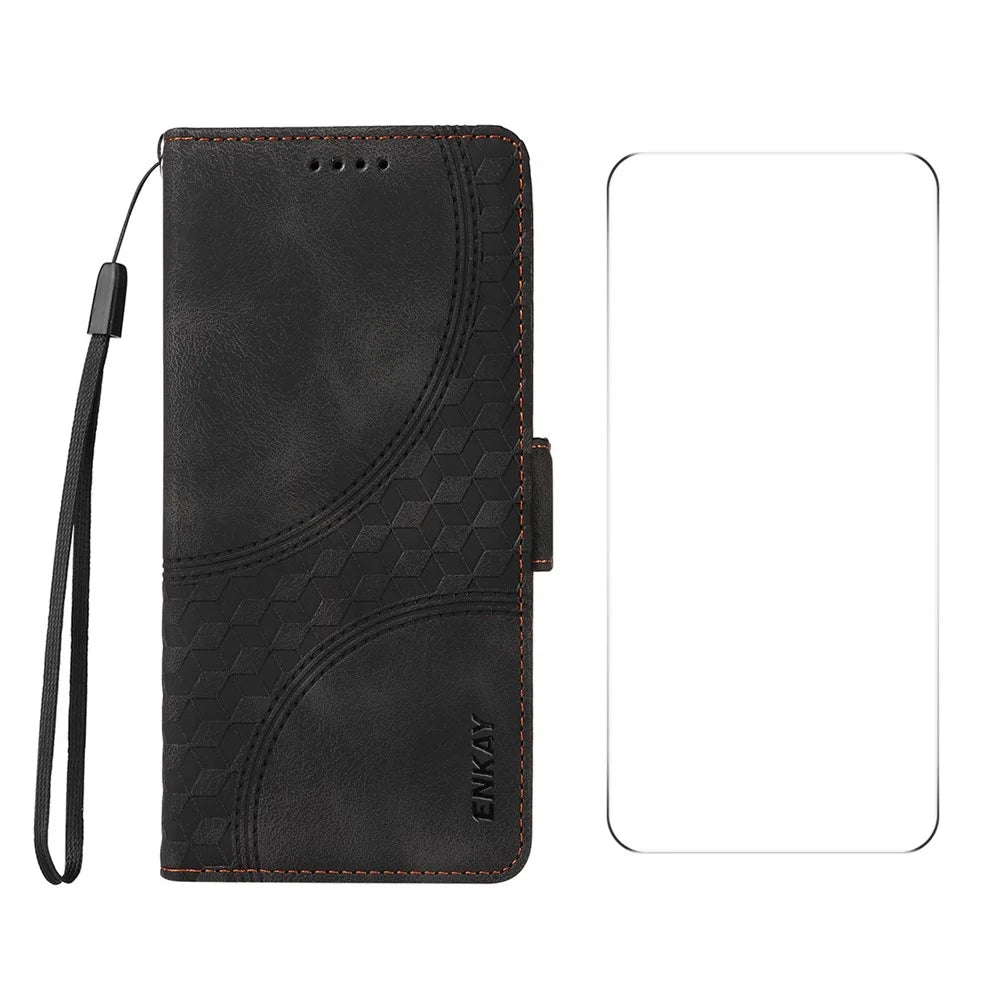 ENKAY For Google Pixel 9 Pro XL Wallet Case  Imprint PU Leather Phone Stand Cover with Tempered Glass - Black - 1