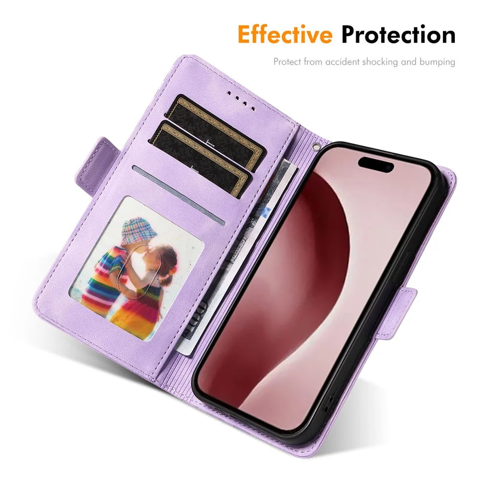 ENKAY For iPhone 16 Pro Max Wallet Case  Imprint PU Leather Phone Stand Cover with Tempered Glass - Black - 5