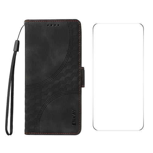 ENKAY For OnePlus Nord CE4 5G Wallet Case  Imprint PU Leather Phone Stand Cover with Tempered Glass - Black - 1