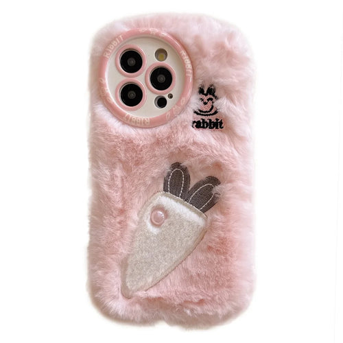 For iPhone 16 Pro Case Embroidery Carrot Rabbit Pearl Accents Furry TPU Phone Cover - Pink - 1