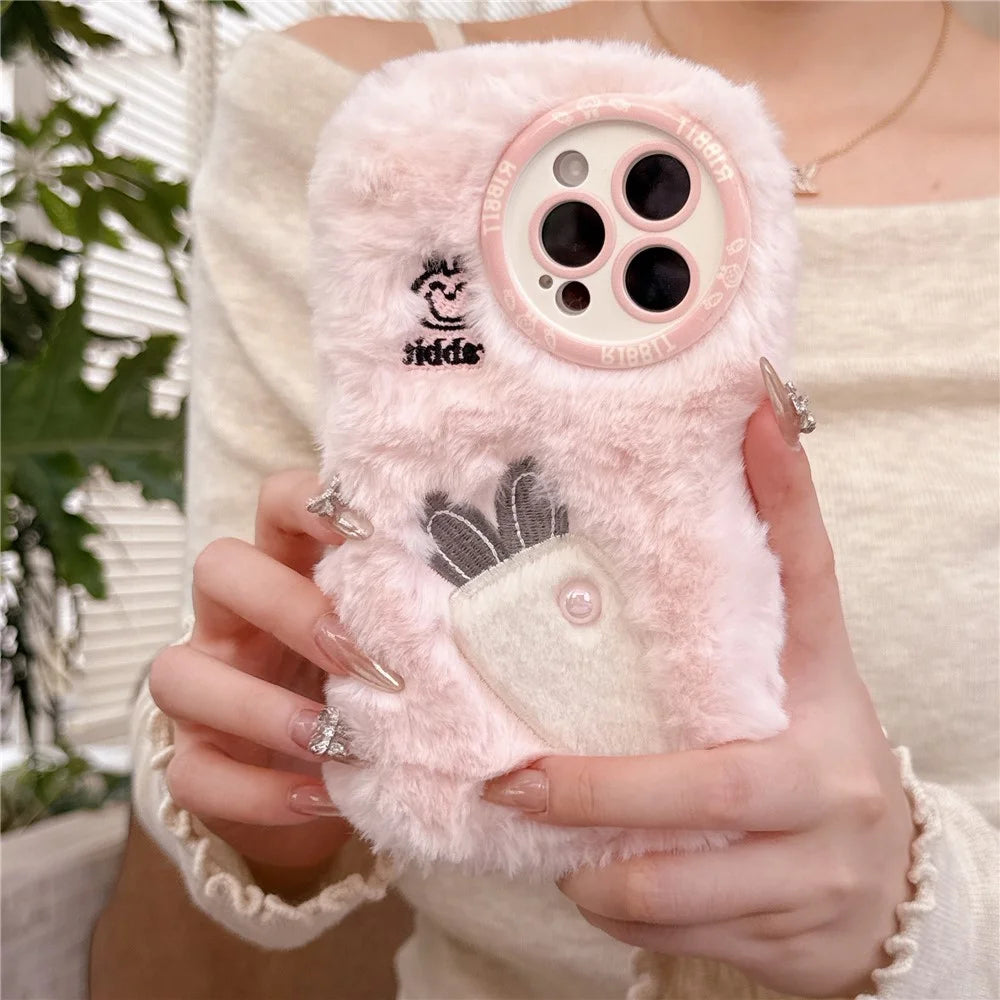 For iPhone 16 Pro Max Case Embroidery Carrot Rabbit Pearl Accents Furry TPU Phone Cover - Pink - 2