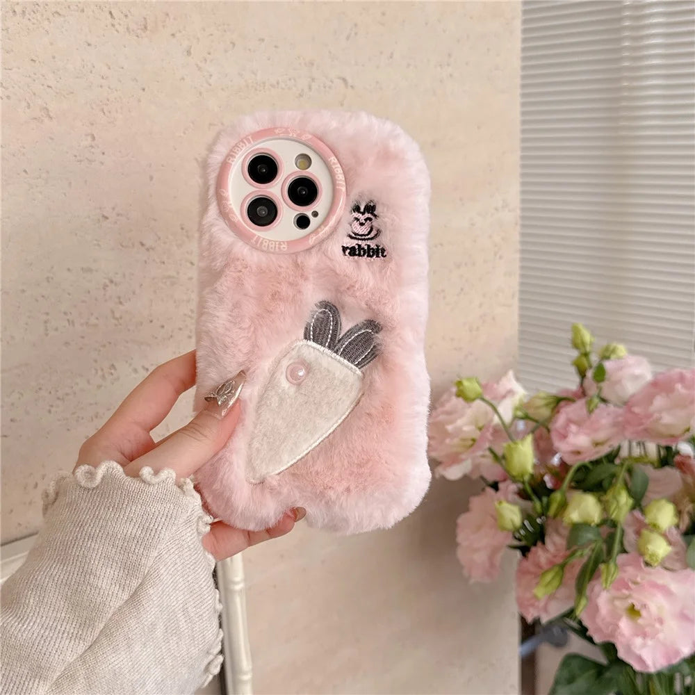 For iPhone 16 Pro Max Case Embroidery Carrot Rabbit Pearl Accents Furry TPU Phone Cover - Pink - 3