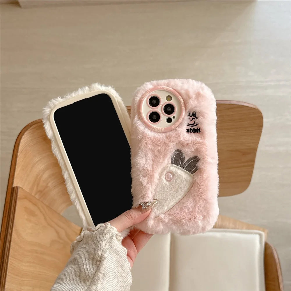 For iPhone 16 Pro Max Case Embroidery Carrot Rabbit Pearl Accents Furry TPU Phone Cover - Pink - 4