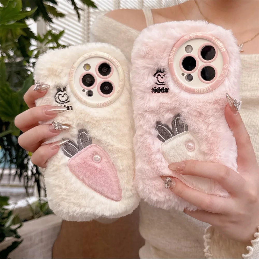 For iPhone 16 Pro Max Case Embroidery Carrot Rabbit Pearl Accents Furry TPU Phone Cover - Pink - 5