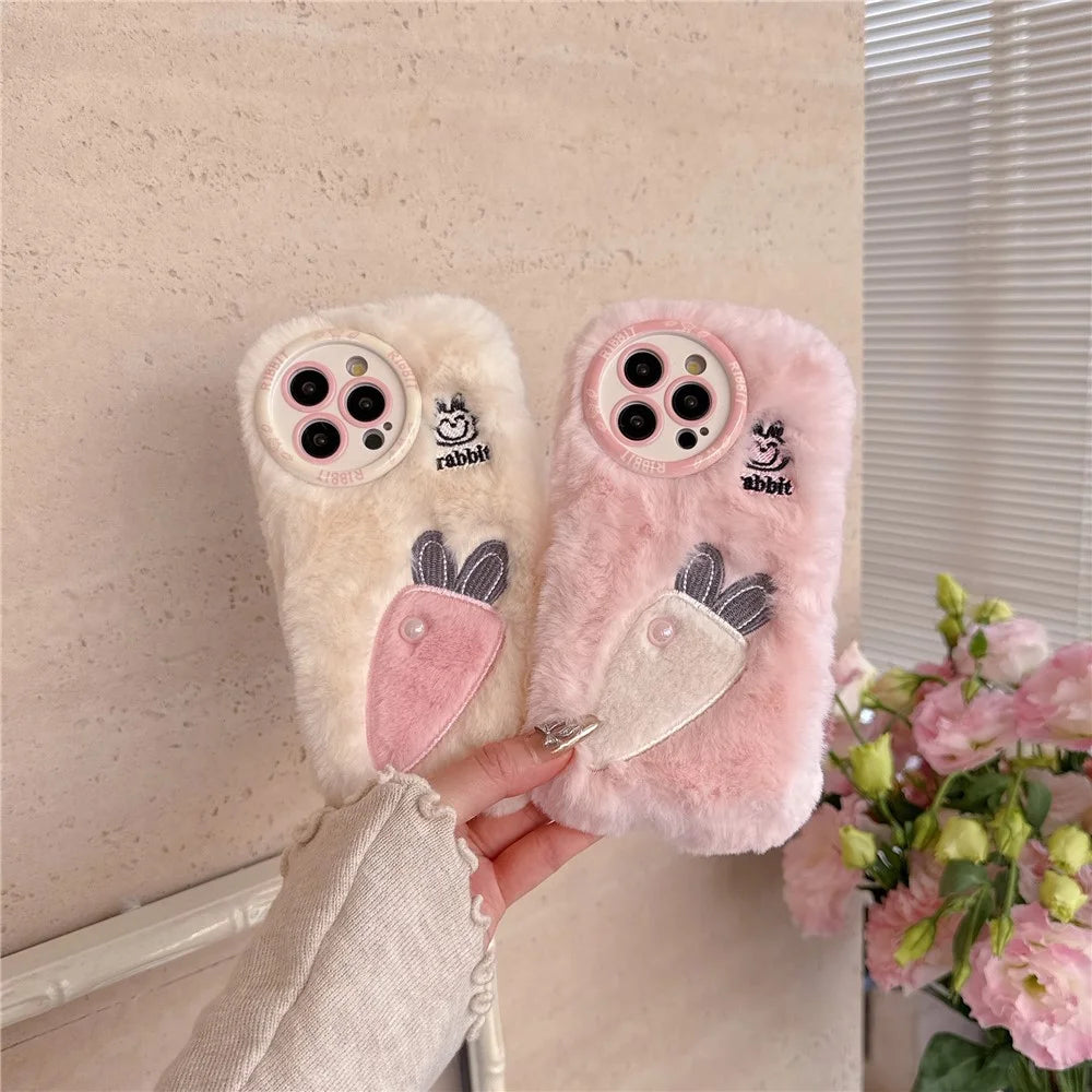 For iPhone 16 Pro Max Case Embroidery Carrot Rabbit Pearl Accents Furry TPU Phone Cover - Pink - 6