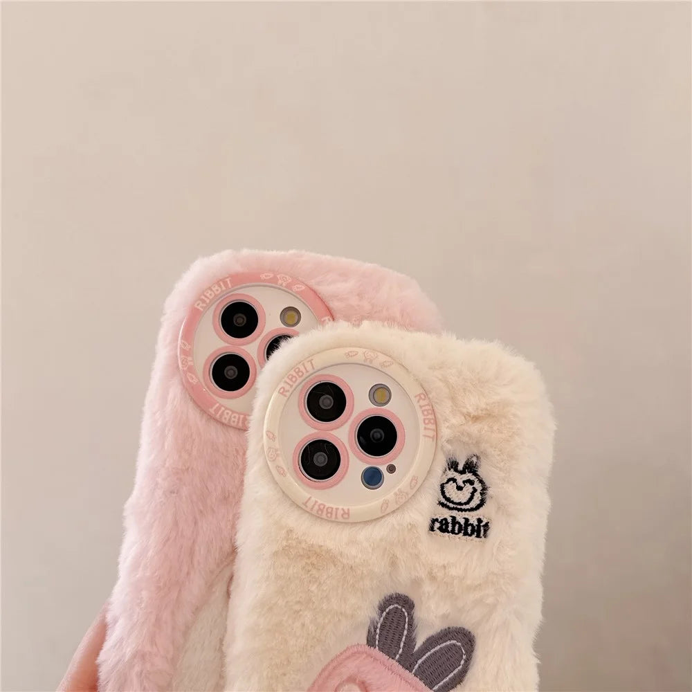 For iPhone 16 Pro Max Case Embroidery Carrot Rabbit Pearl Accents Furry TPU Phone Cover - Pink - 7