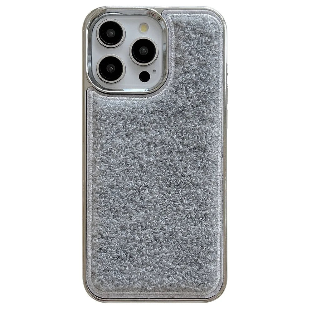 For iPhone 15 Pro Max Case Towel Felt Design TPU Electroplating Phone Cover - Grey - 1